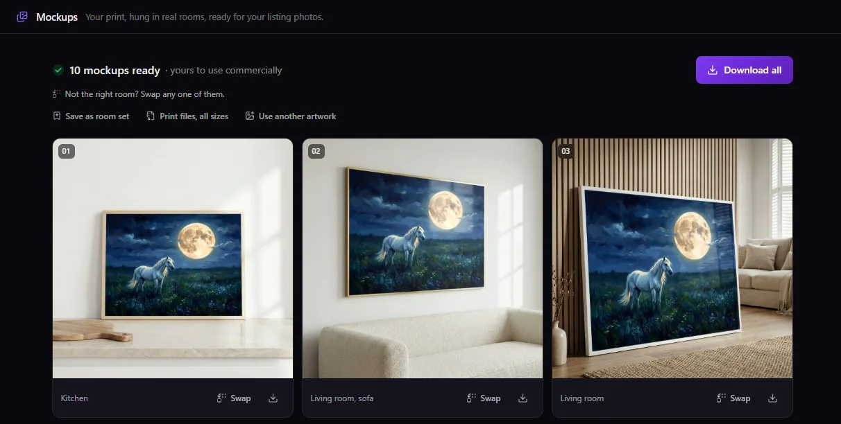 The Mockups screen: the same horse print staged in ten numbered rooms, ready to download