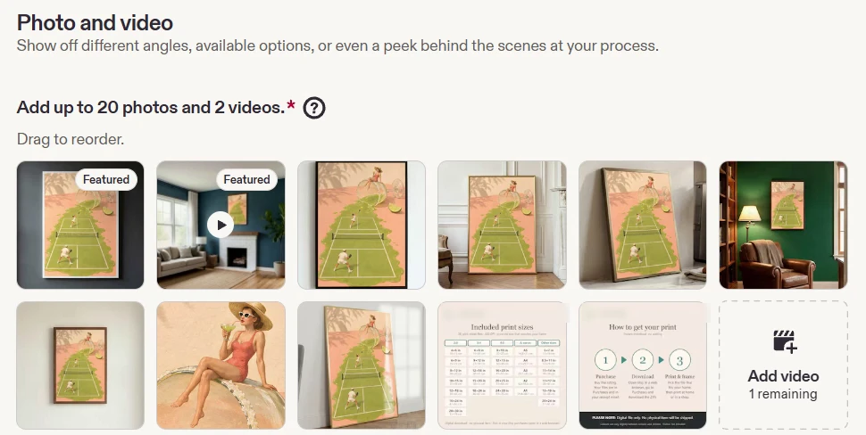 Etsy Shop Manager's Photo and video section for the live listing: room mockups, a listing video, a close crop of the artwork, the size chart and a how-to image