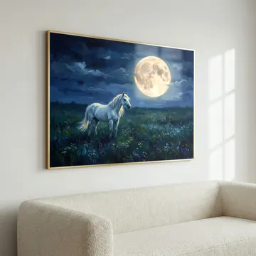 The print above a cream sofa