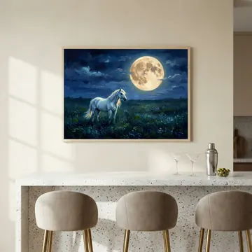 The print above a terrazzo kitchen counter