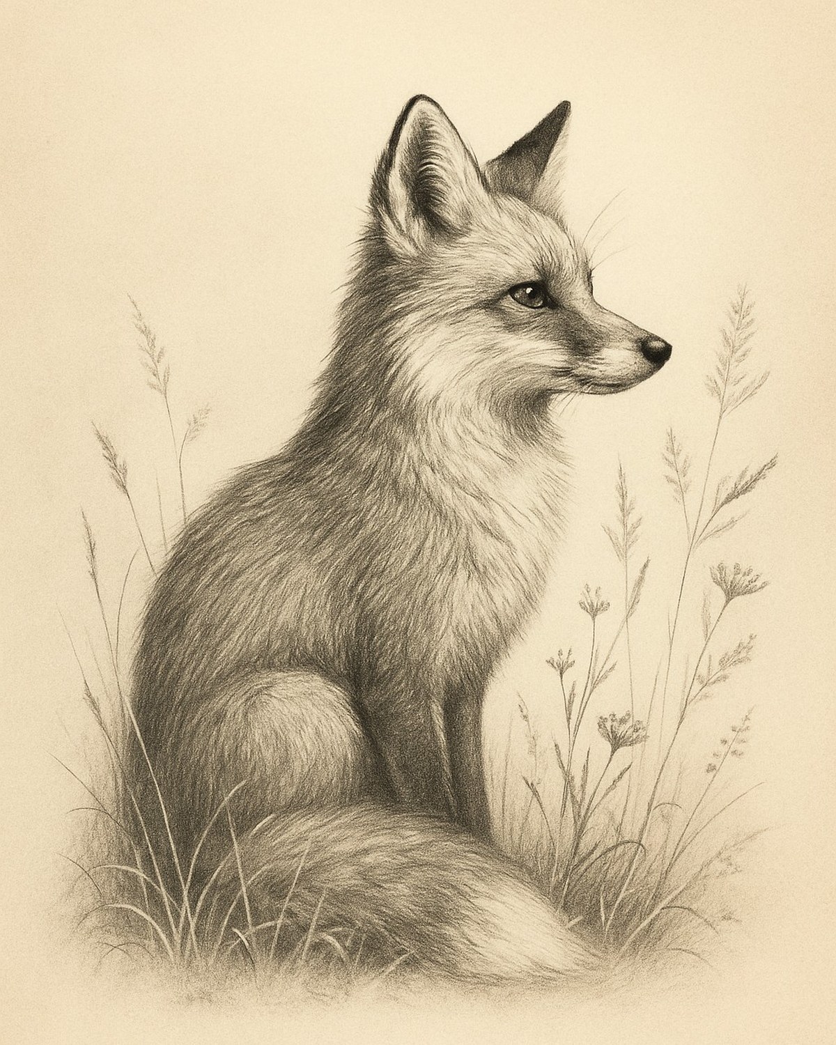 Fox pencil sketch art print at 4×5 ratio