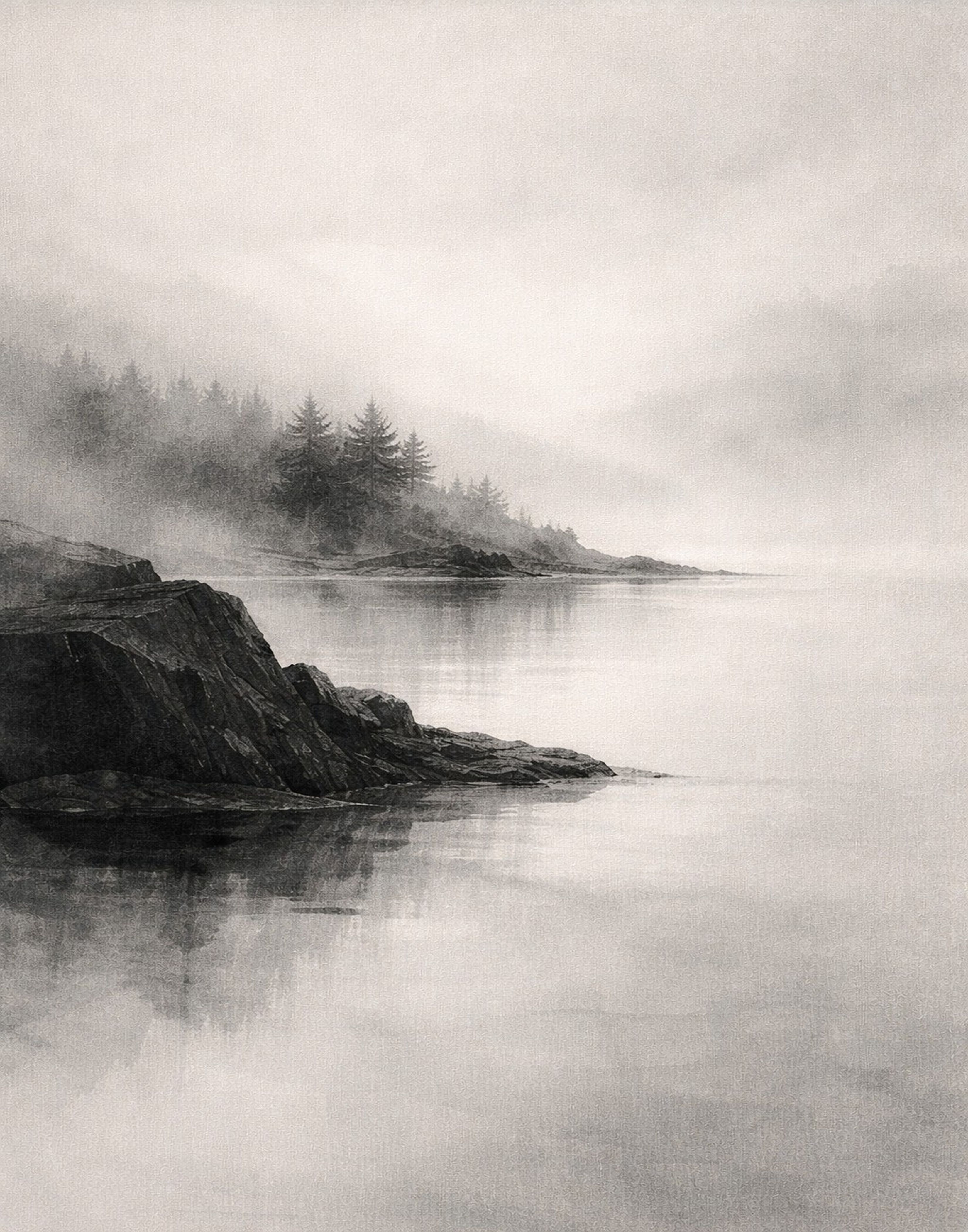 Misty Nordic landscape watercolor art print at 11×14 ratio