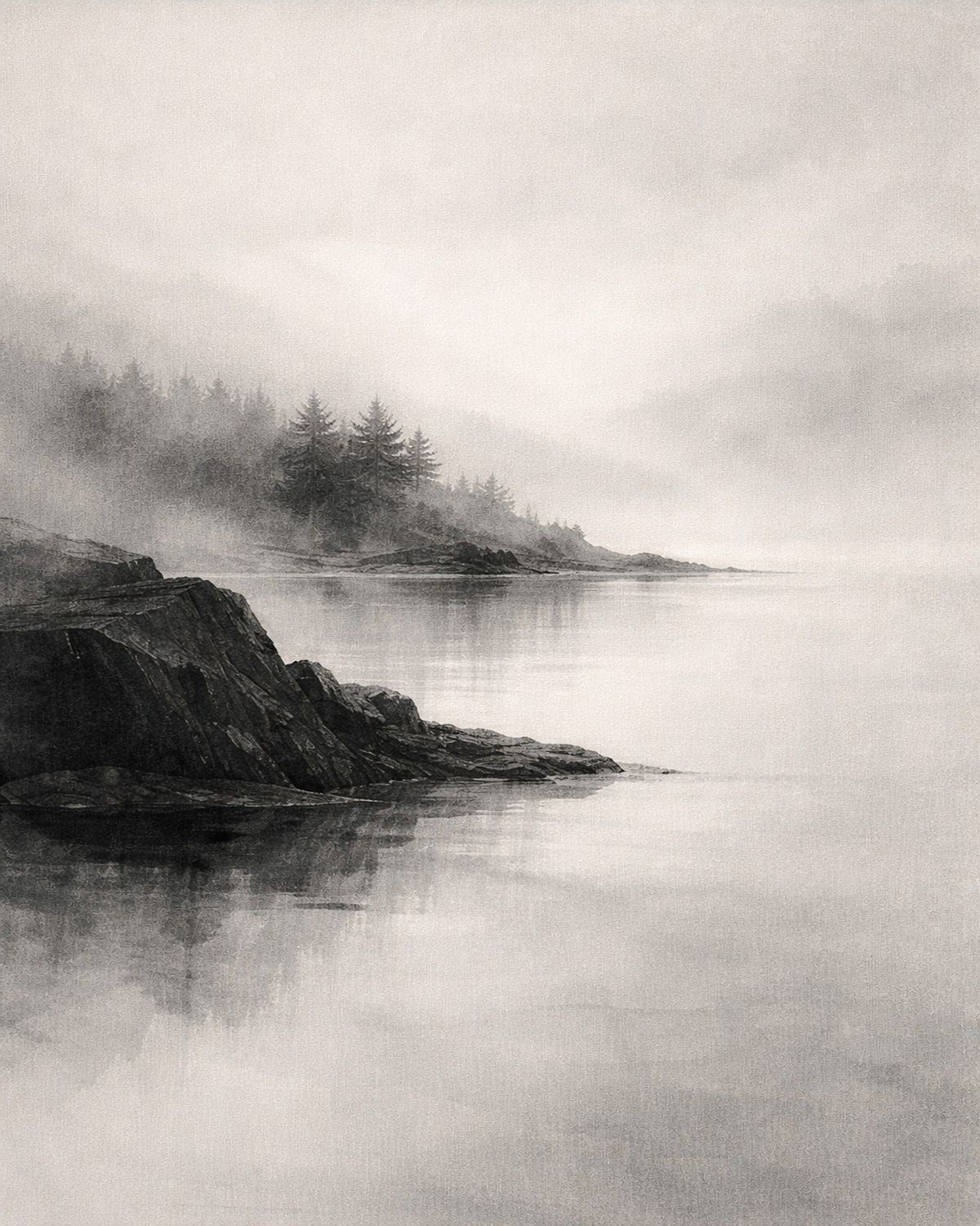 Misty Nordic landscape watercolor art print at 4×5 ratio