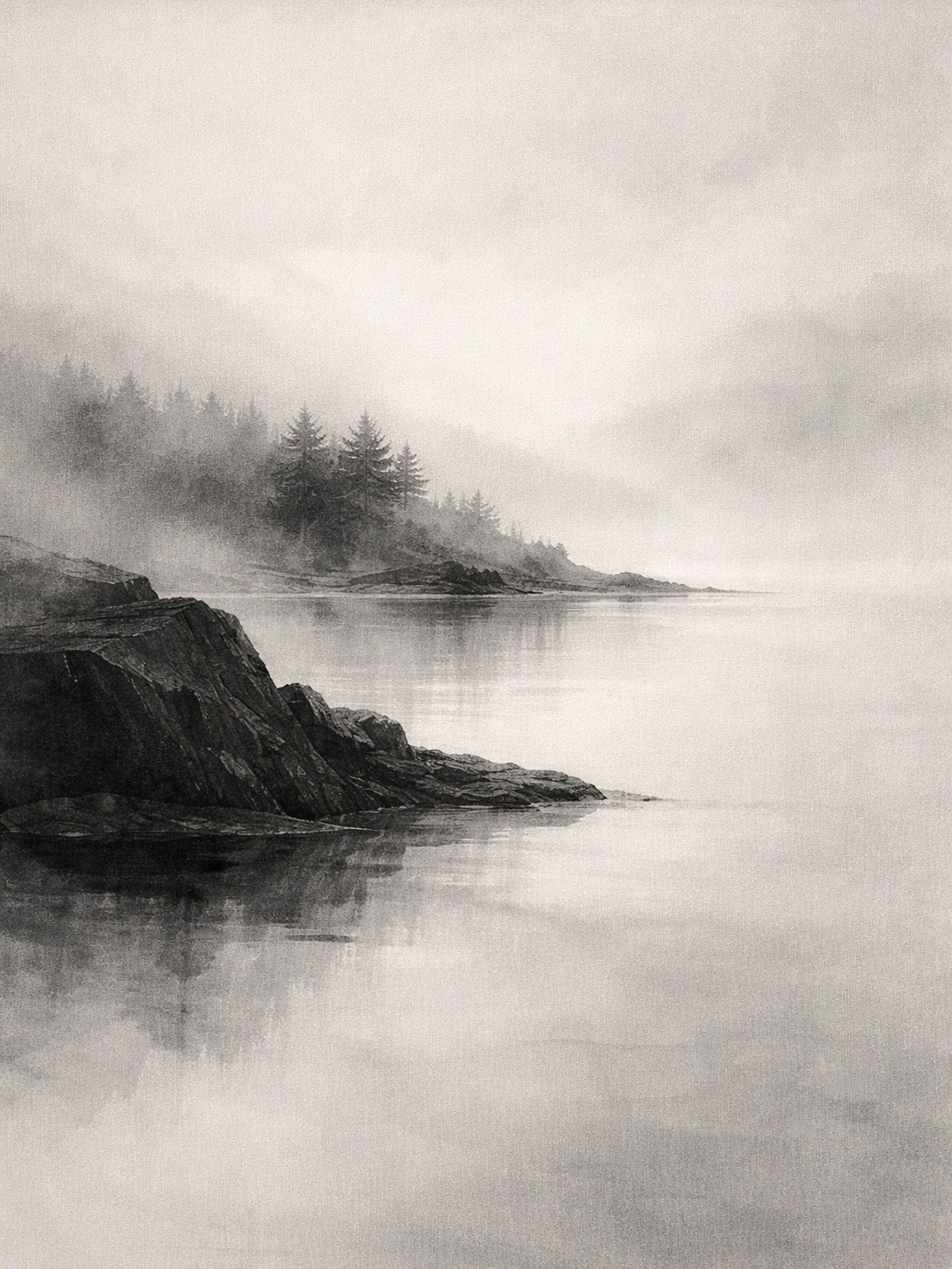 Misty Nordic landscape watercolor art print at 3×4 ratio