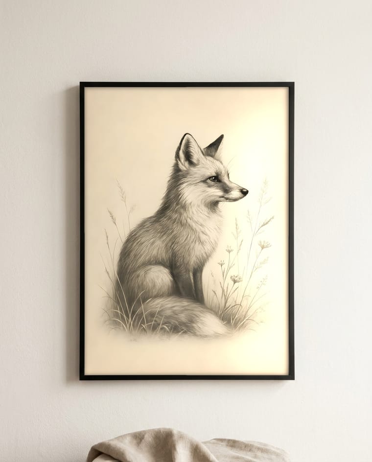 Same fox artwork staged as an Etsy listing mockup in a different room
