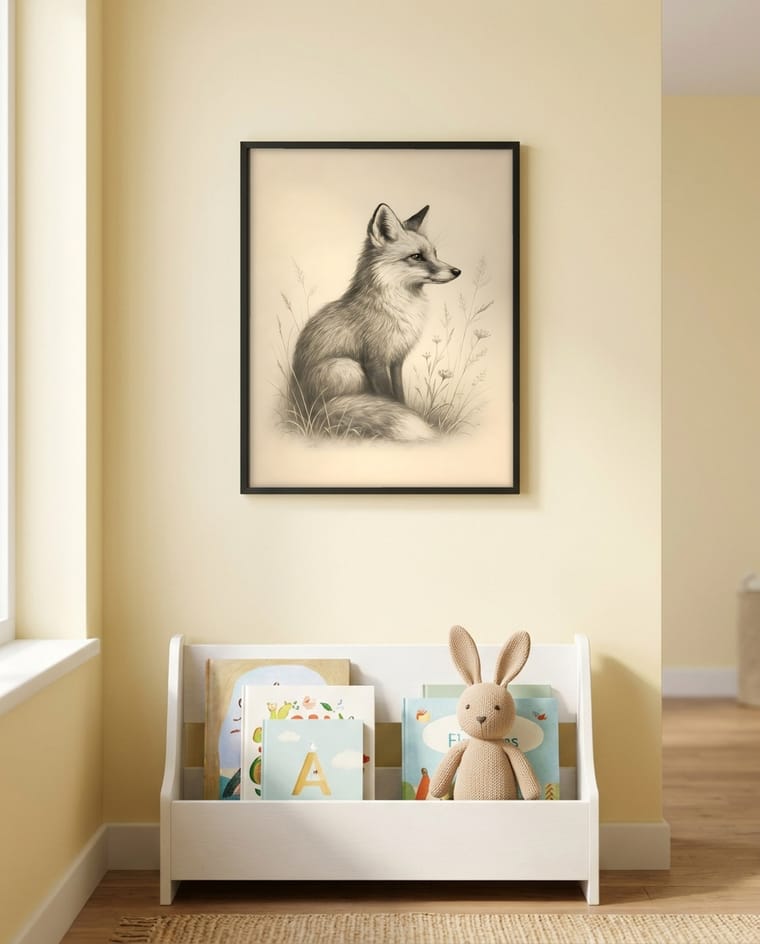 Same fox artwork staged as an Etsy listing mockup in a different room