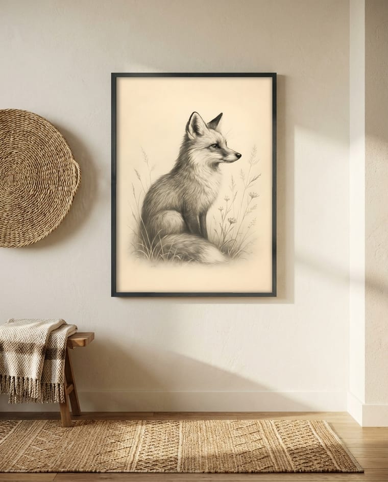 Same fox artwork staged as an Etsy listing mockup in a different room