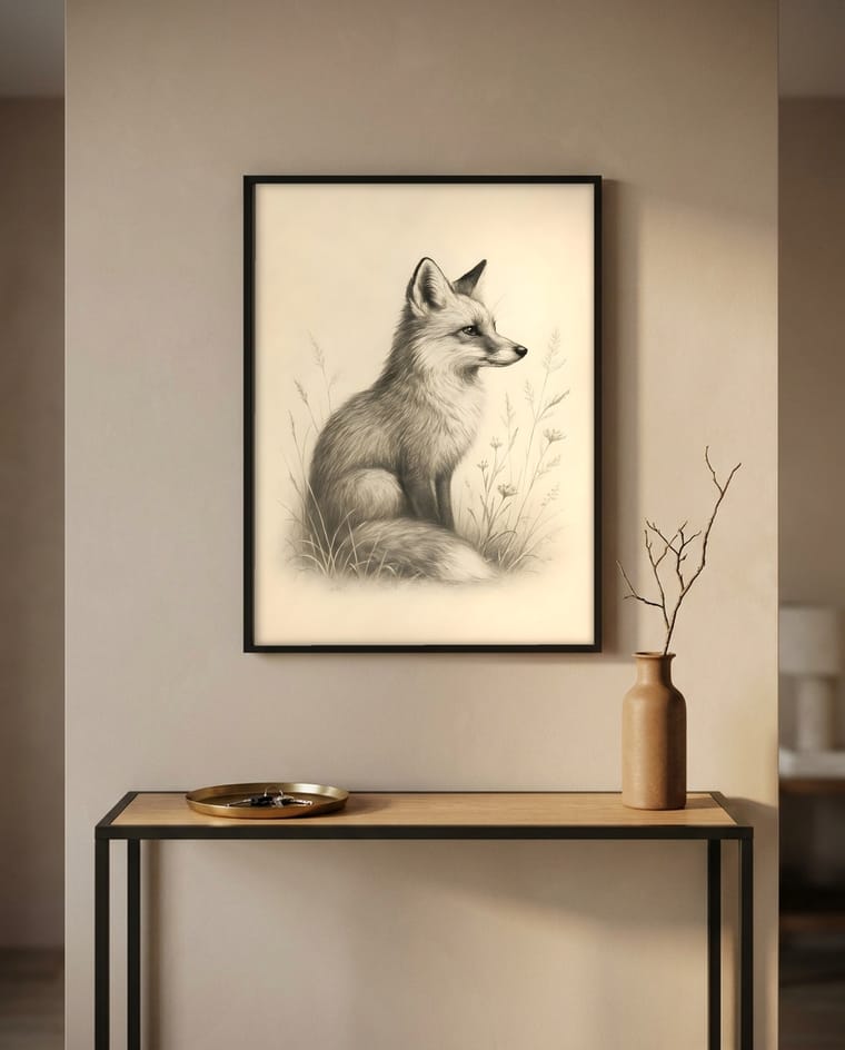 Same fox artwork staged as an Etsy listing mockup in a different room