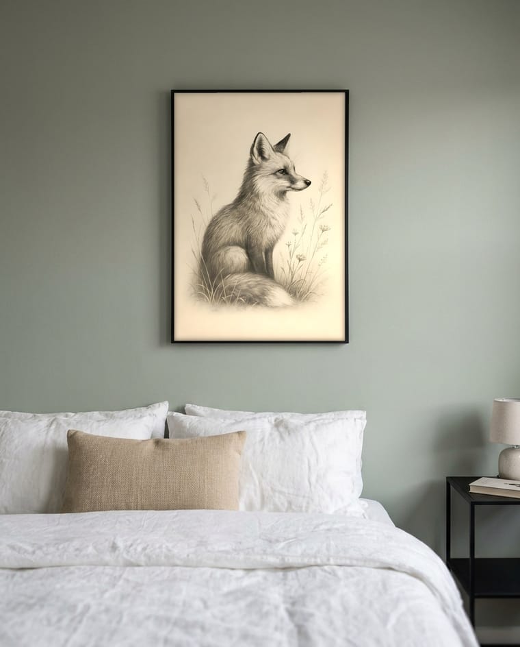 Same fox artwork staged as an Etsy listing mockup in a different room