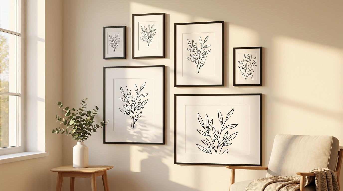 Gallery wall with 6 framed botanical prints in different sizes — 5×7, 8×10, 11×14, 16×20 and 18×24 — in a Scandinavian living room with natural light