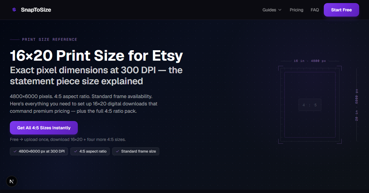 16×20 in Pixels: 4800×6000 at 300 DPI for Etsy Prints | SnapToSize