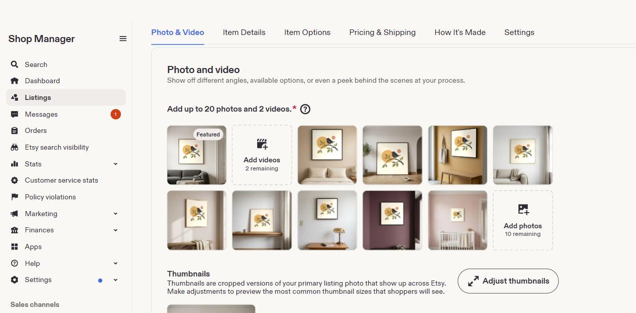 Etsy's Add a listing form showing all ten SnapToSize mockup JPGs from a square japandi songbird print pack, uploaded individually into the Photos field with 10 of 20 photo slots left