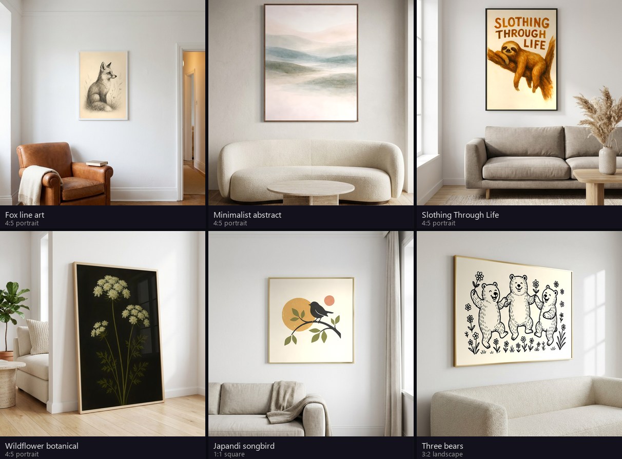 Six real SnapToSize mockups across different Etsy print designs — fox line art, minimalist abstract, a sloth illustration, wildflower botanical, a square japandi songbird, and three bears in landscape — each staged in a different real living room