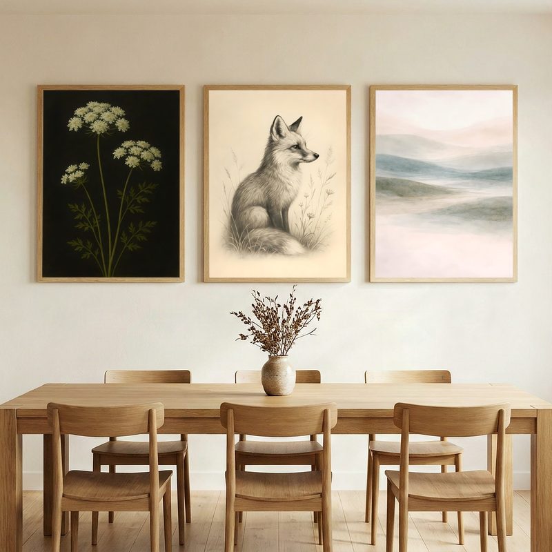 SnapToSize Set of 3 mockup: three prints hung side by side above a dining table