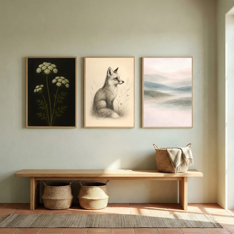 SnapToSize Set of 3 mockup: a botanical, a fox sketch and a misty landscape print hung side by side above an entryway bench