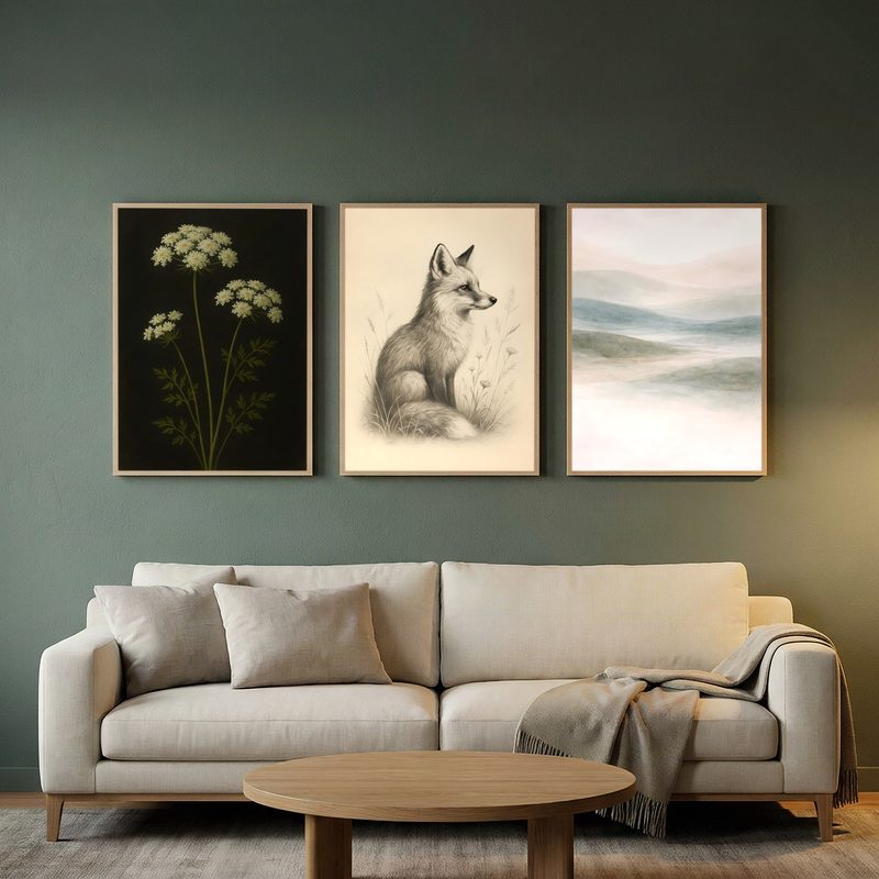 SnapToSize Set of 3 mockup: three prints hung side by side above a sofa against a green wall
