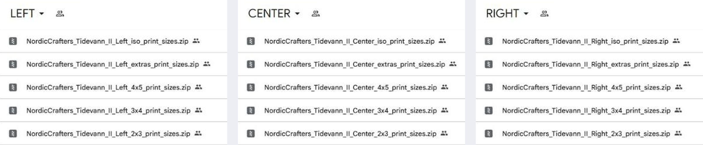 The Google Drive folders LEFT, CENTER and RIGHT of the triptych, each with five ZIP files named by ratio: iso, extras, 4x5, 3x4 and 2x3