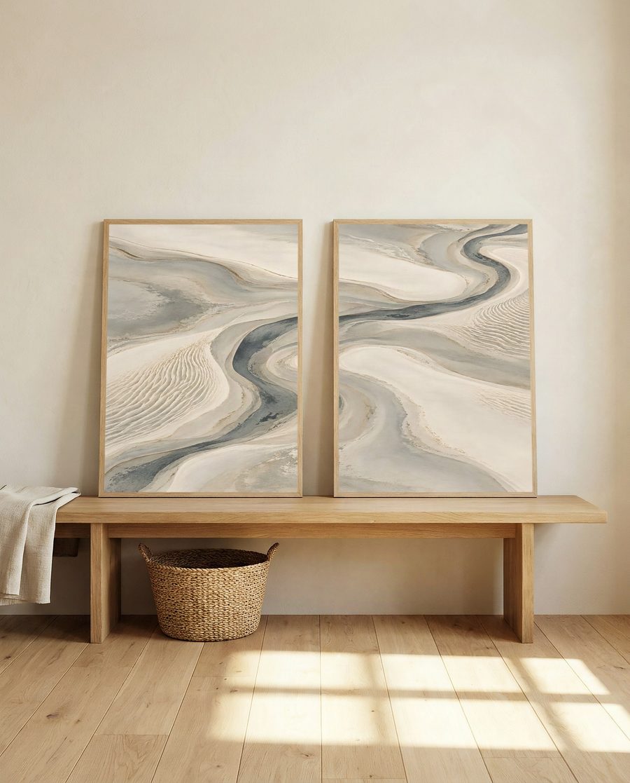 Two matching prints leaning side by side on a wooden bench