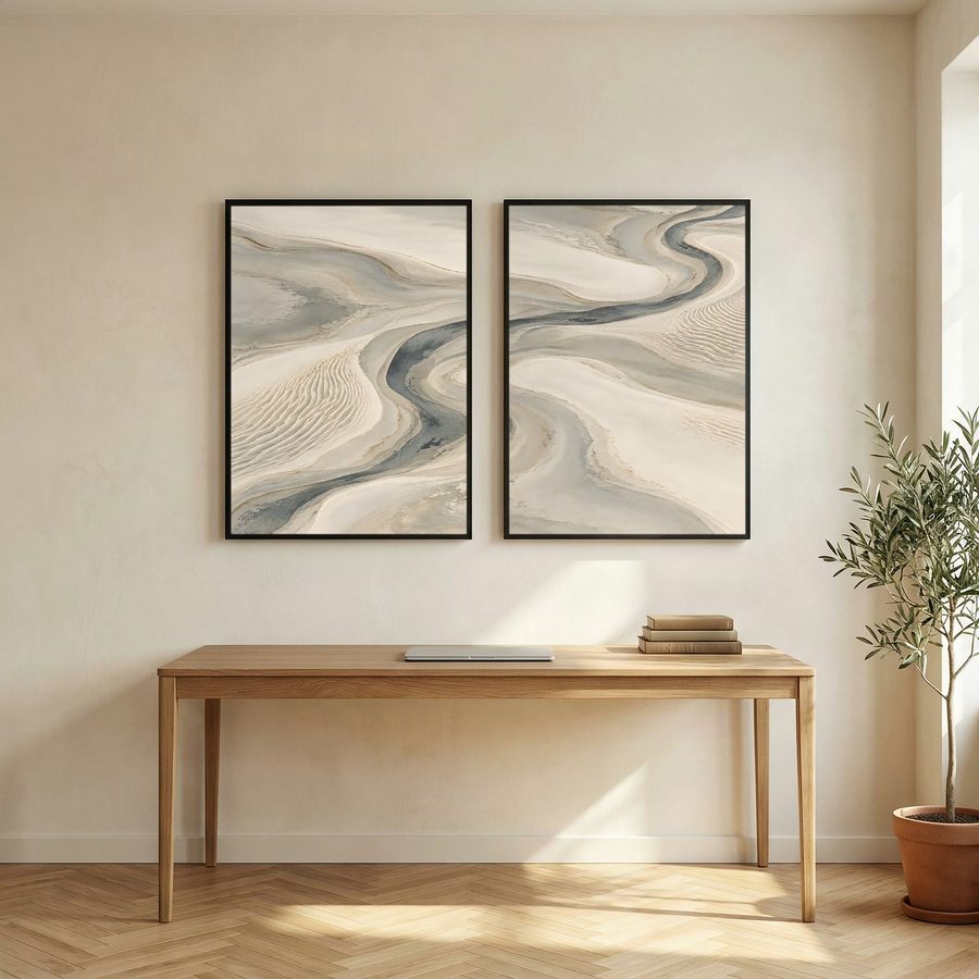 A duo of two prints in black frames above a console table