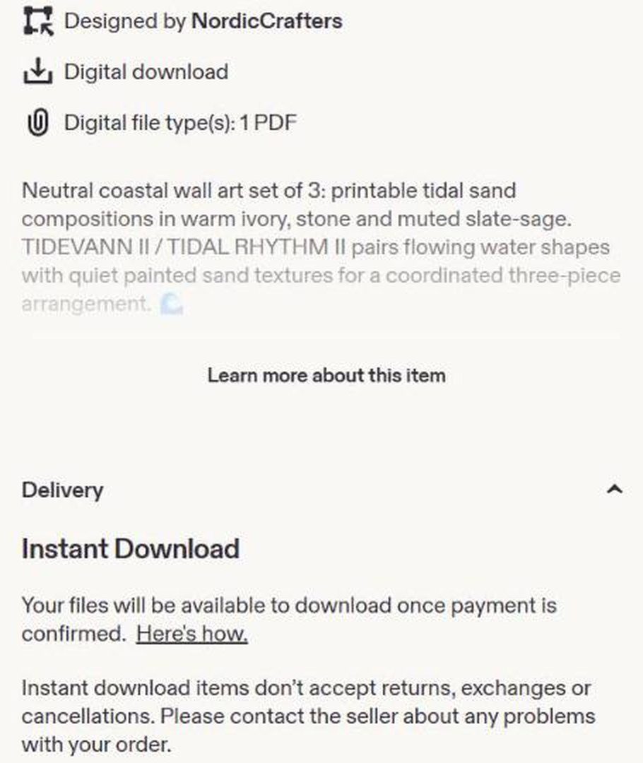 Etsy listing details: Digital download, Digital file type(s): 1 PDF, and the Instant Download delivery note