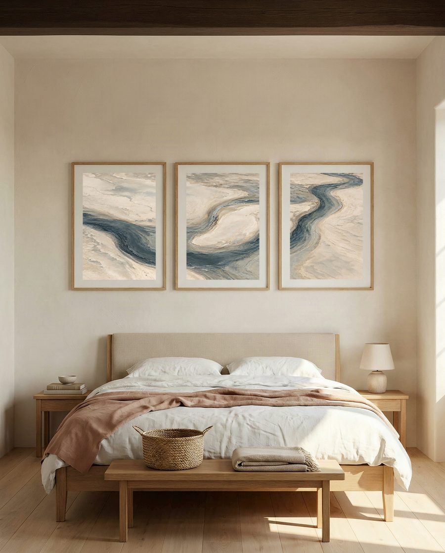 A triptych hung above a bed in a warm neutral bedroom