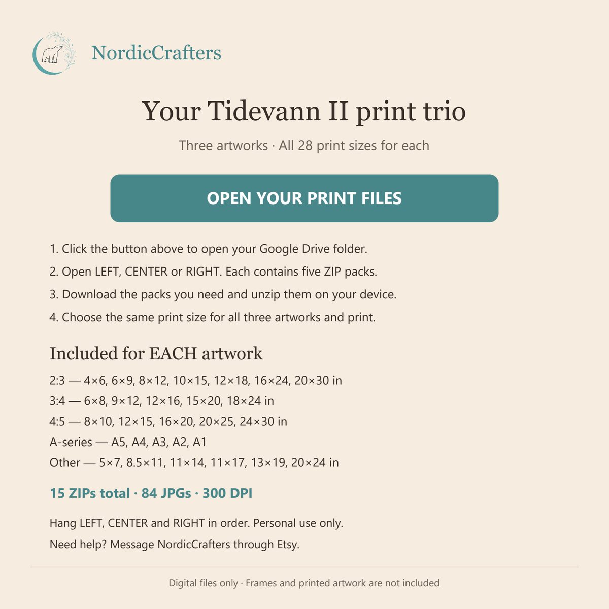 The buyer PDF for the triptych: a button that opens the print files, four short steps, and the sizes included for each artwork
