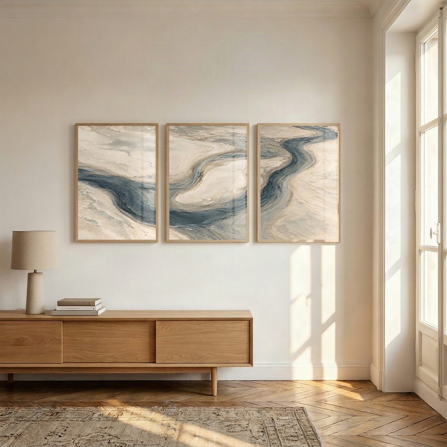 A triptych above a low oak sideboard beside a tall window