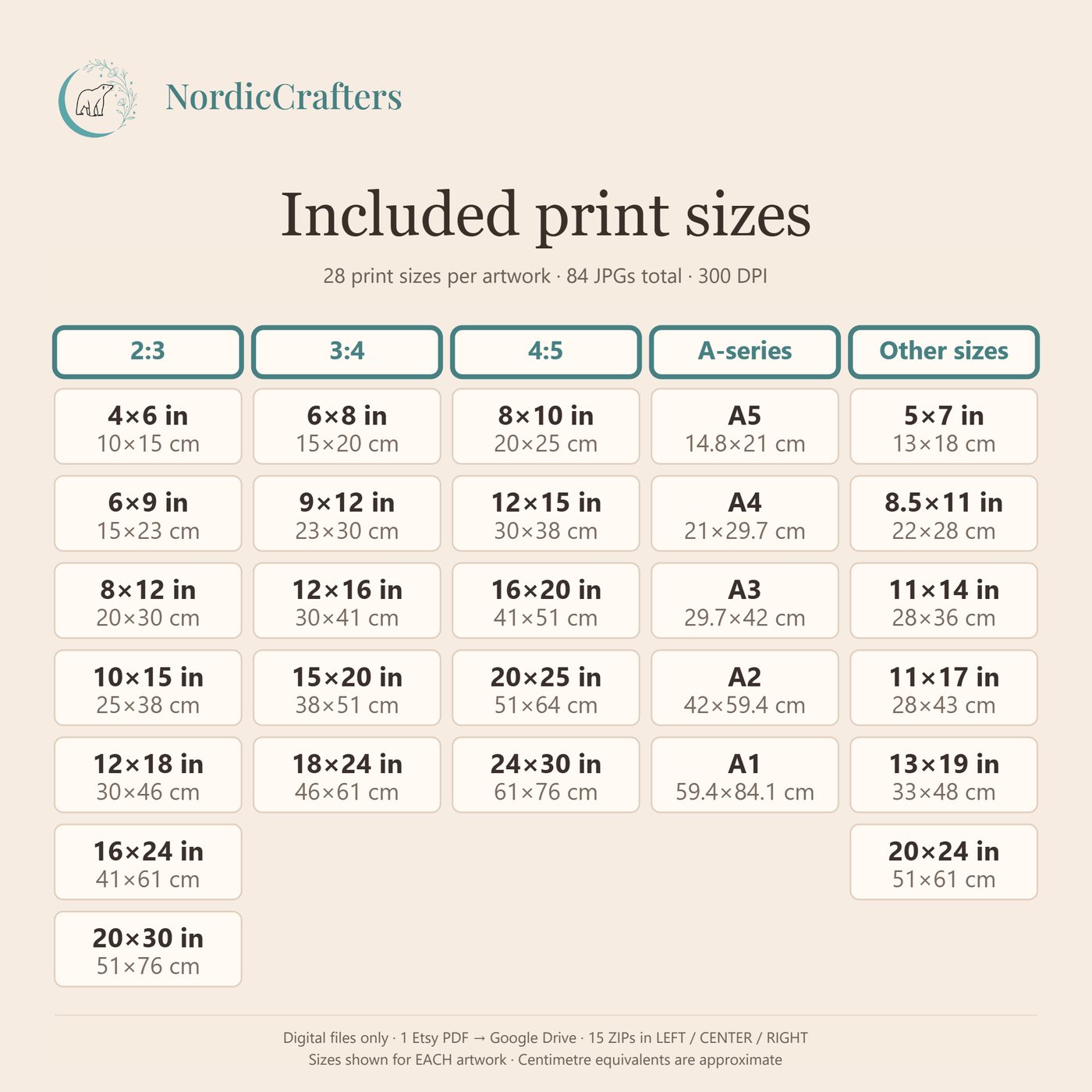 A size card from the listing: every included print size per artwork, 2:3, 3:4, 4:5, A-series and other sizes