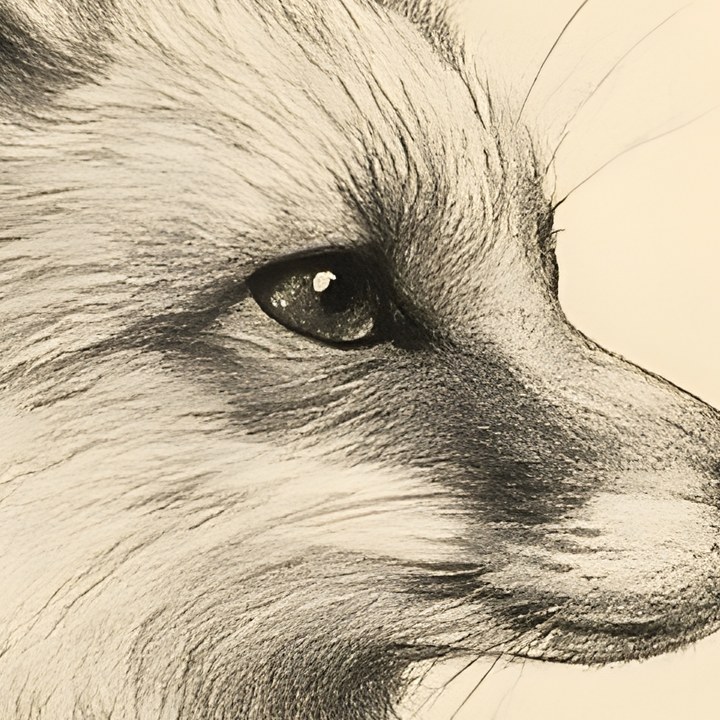 Pencil-sketch fox artwork detail at print scale — upscaled