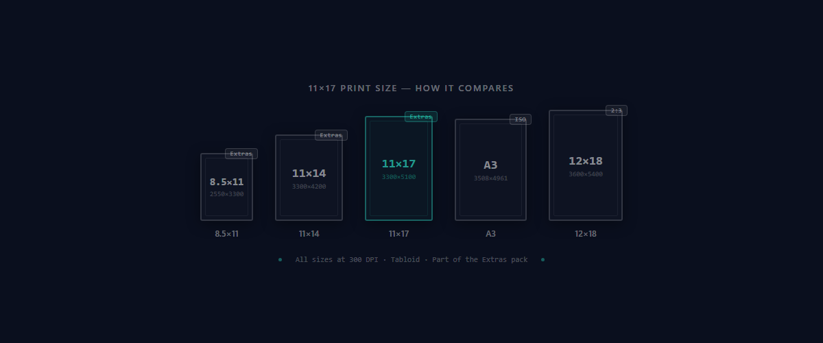 11×17 Tabloid size comparison with 8.5×11, 11×14, A3, and 12×18