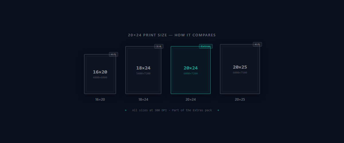 20×24 print size comparison with 16×20, 18×24, and 20×25