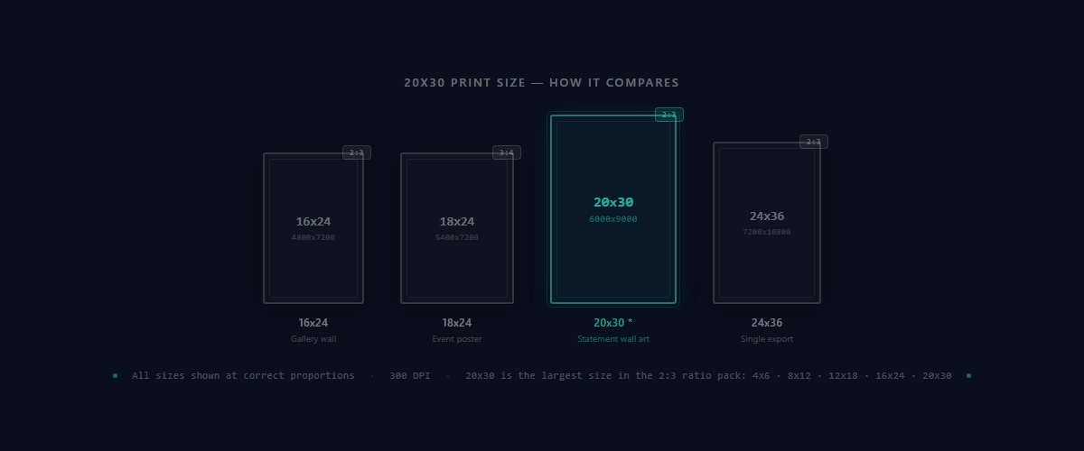 20×30 print size comparison with 16×24, 18×24, and 24×36