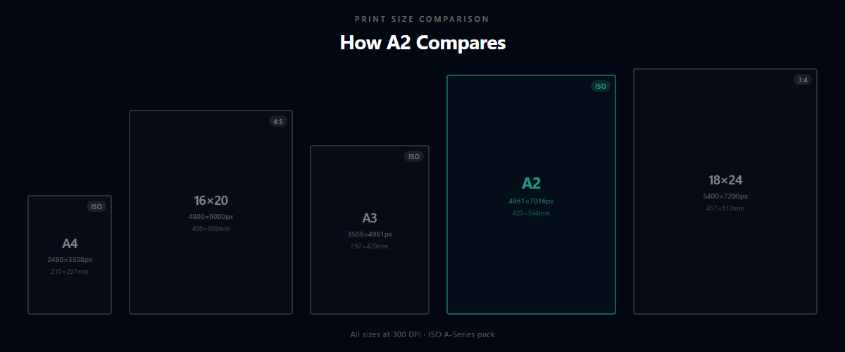 A2 print size comparison with A4, 16×20, A3, and 18×24