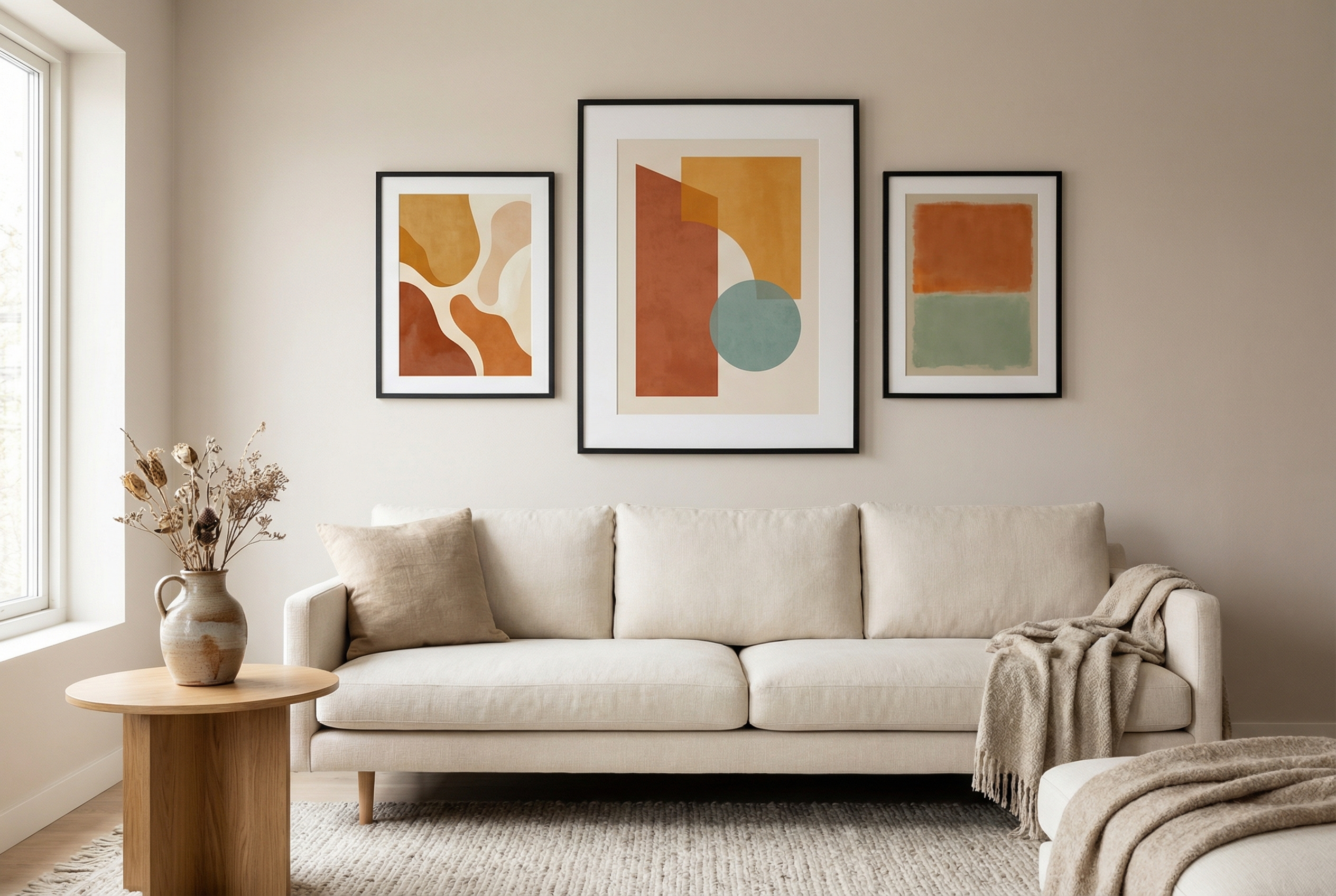 Living room with three framed abstract wall art prints above a cream sofa — geometric shapes in terracotta and amber, fluid organic forms, and a color field composition in warm earth tones with teal accents