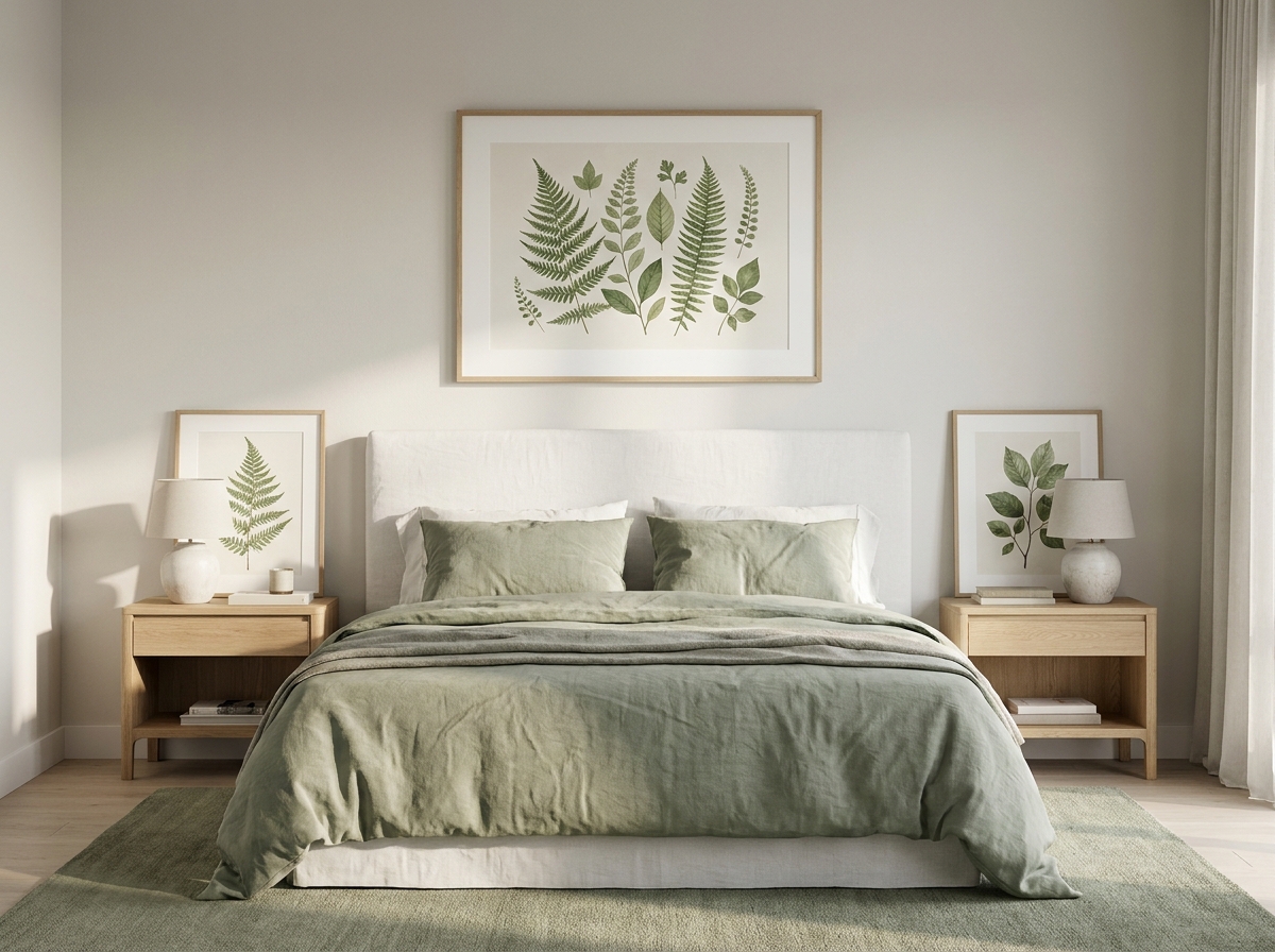 Serene Scandinavian bedroom with a large botanical print above a white linen headboard and two small matching prints on wooden nightstands — example of bedroom art placement
