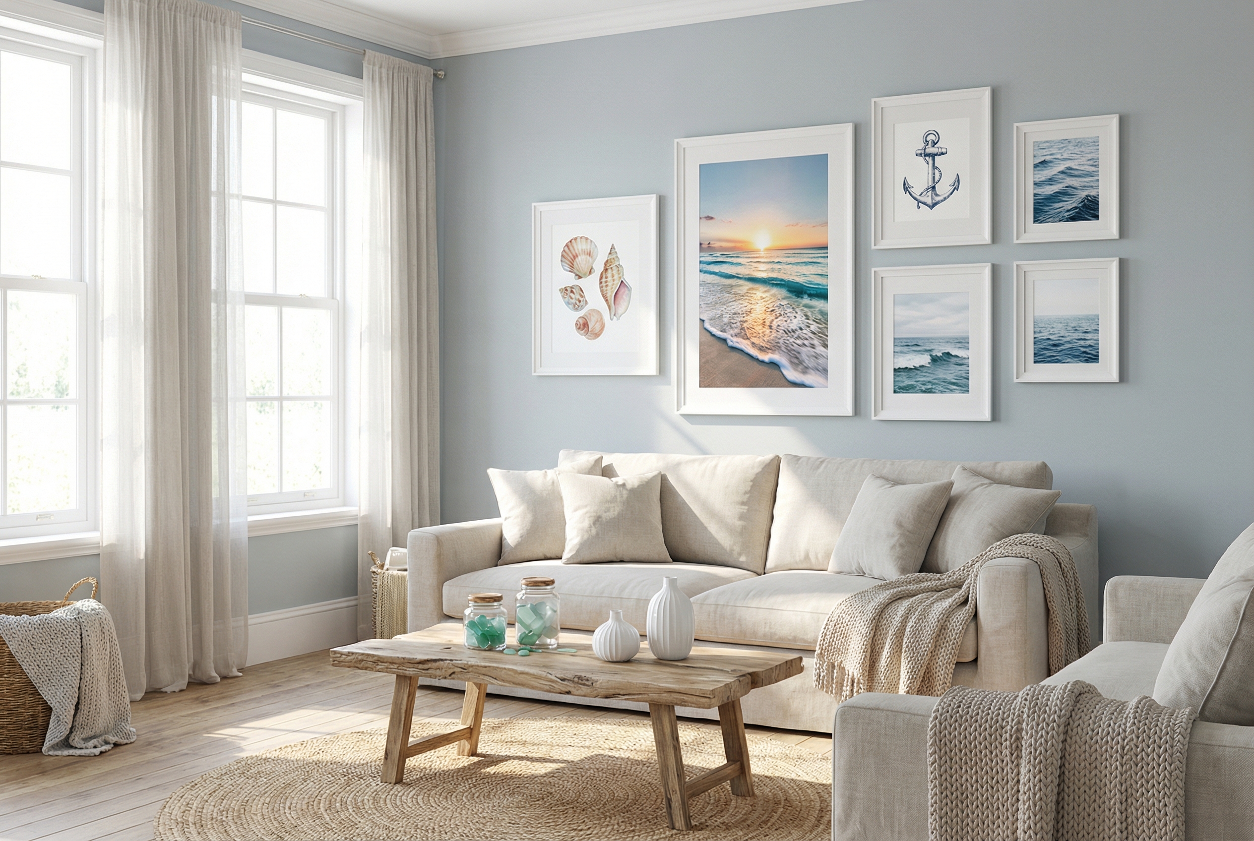 Bright coastal living room with a gallery wall of framed ocean art prints — beach sunset photography, watercolor seashells, nautical anchor illustration, and ocean waves in various sizes above a cream linen sofa