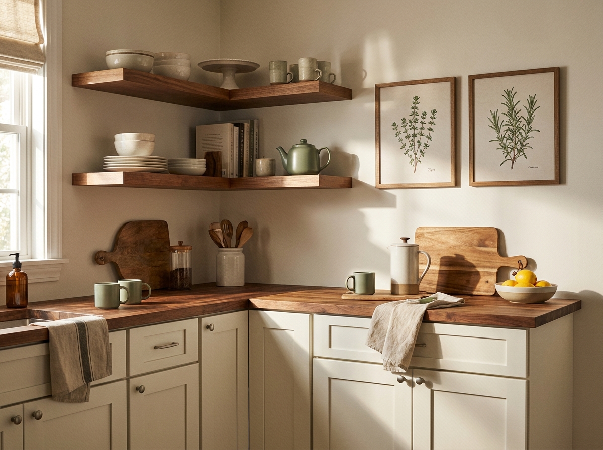 Two framed botanical herb prints hanging in a modern farmhouse kitchen with open wood shelves and a coffee station — example of kitchen wall art placement