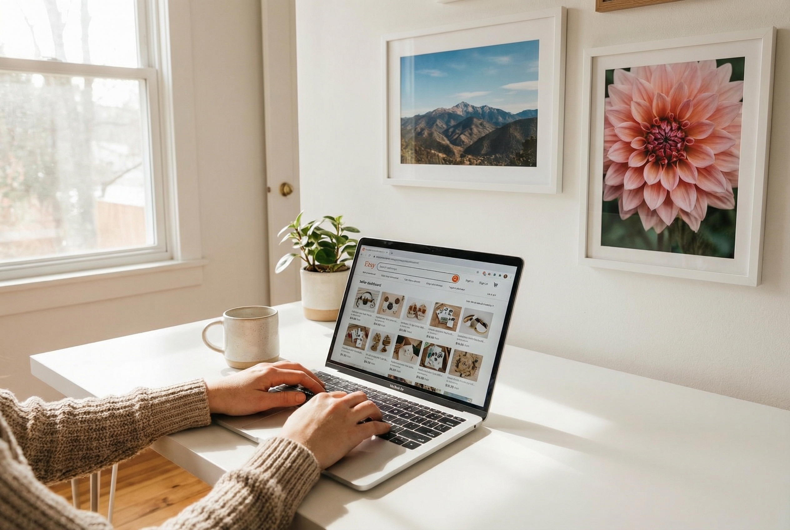 Etsy seller at a laptop showing the seller dashboard with product listing thumbnails, with framed photography prints on the wall behind — a mountain landscape and a flower close-up