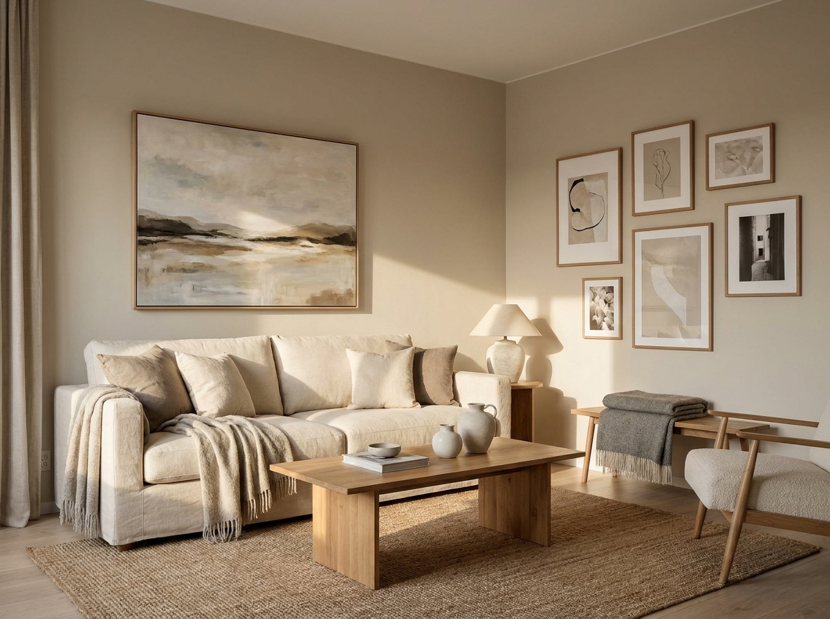 Modern Scandinavian living room with a large landscape artwork above a linen sofa and a 5-frame gallery wall arrangement on the adjacent wall — example of living room wall art placement