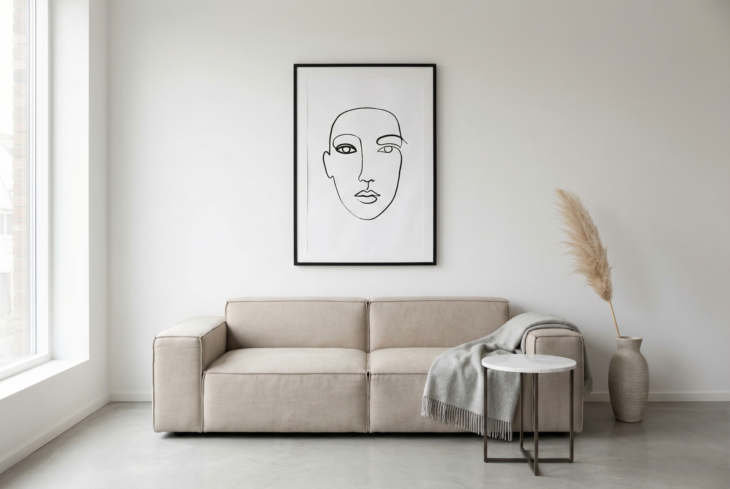 Minimalist living room with a single large line drawing portrait in a black frame above a beige sofa — Scandinavian interior