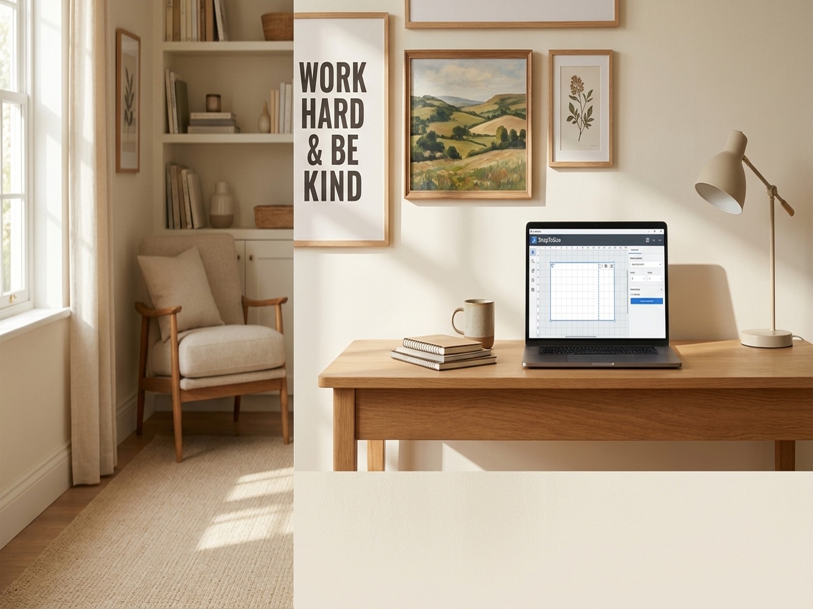 Home office with framed wall art prints in various sizes — motivational quote, landscape art, accent print — with SnapToSize app visible on laptop