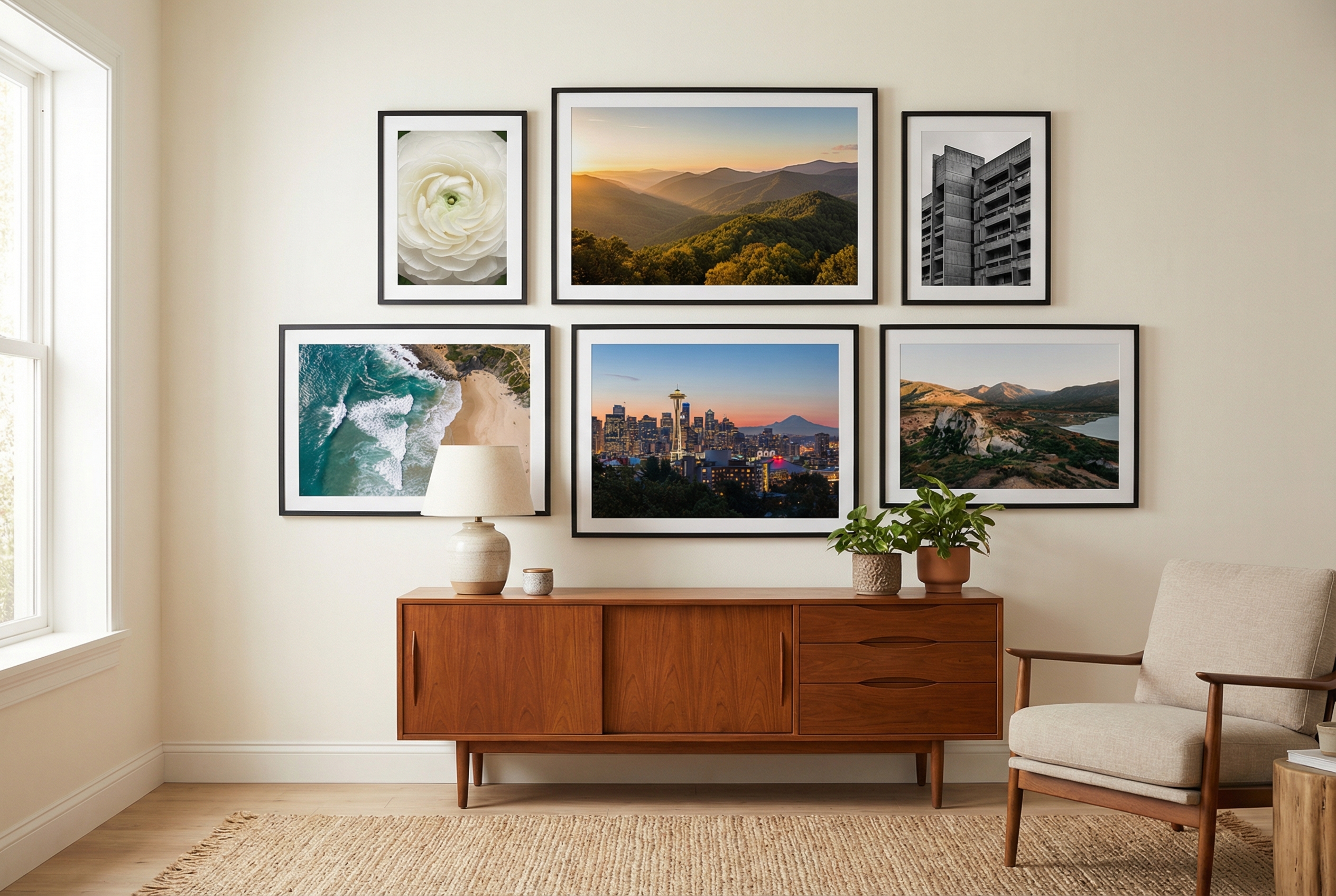 Gallery wall with six framed photography prints — golden hour mountains, coastal aerial, city skyline, white flower close-up, brutalist architecture, and mountain lake landscape — in black frames above a mid-century modern credenza
