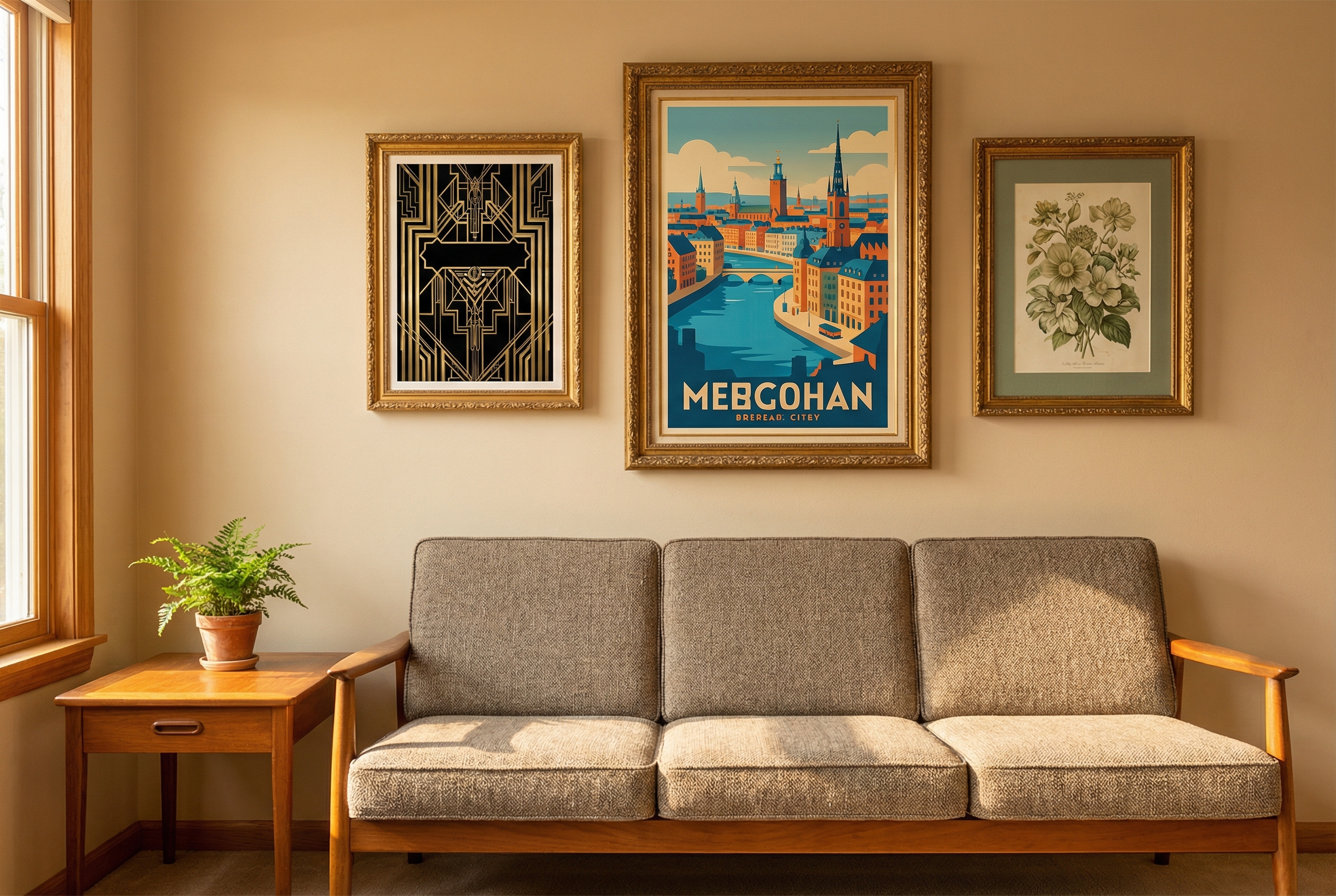 Living room with three framed vintage art prints above a mid-century modern sofa — art deco geometric poster in gold and black, retro European travel poster in vibrant blues, and vintage botanical illustration in muted greens