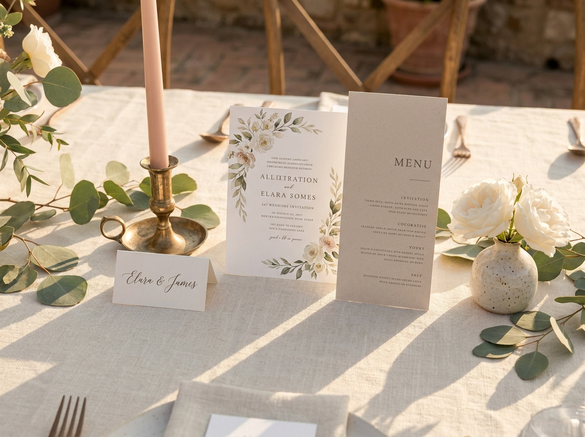 Styled wedding reception table with invitation, menu card, and place card in warm golden light