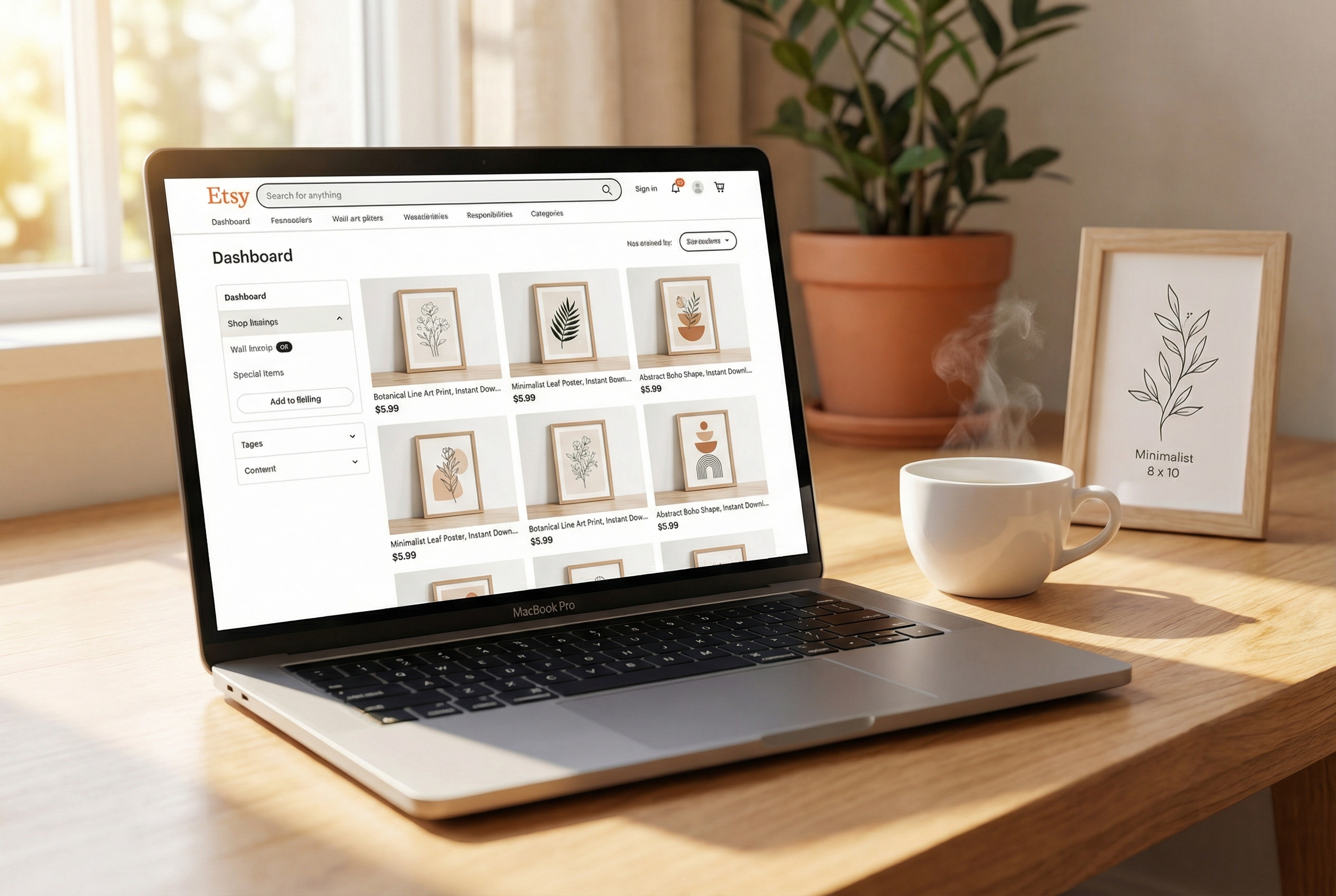 Laptop showing an Etsy seller dashboard with printable wall art listings — botanical, minimalist, and boho designs priced at $5.99 each, displayed on a warm desk setup with a framed print and coffee