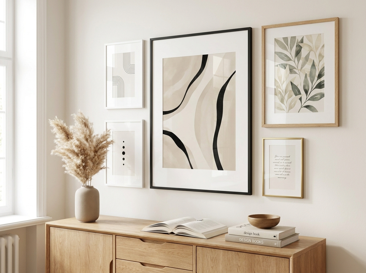 Framed prints on a living room wall — mixed sizes in IKEA Ribba and standard US frames showing how ratio-correct files fit cleanly without cropping
